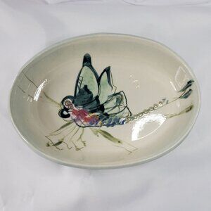 Jim Reno Art Pottery Oval Serving Platter Bowl Dragonfly Design 10" Handcrafted